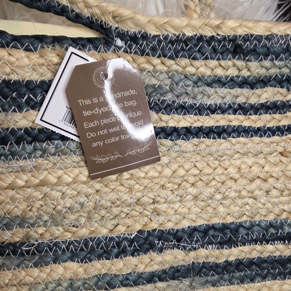 5B Style Striped Jute Straw Tote Bag Large - Picture 2 of 7